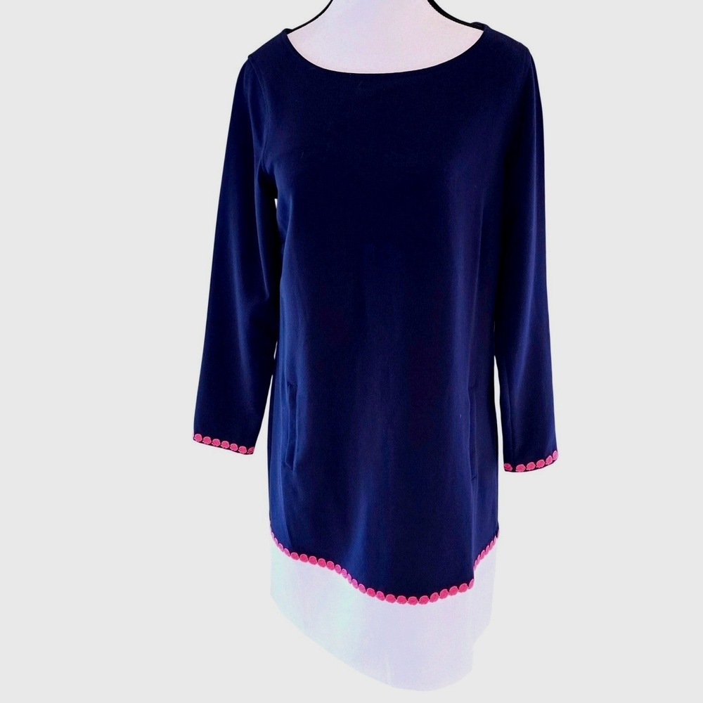 Vineyard Vines Navy Colorblock Shift Dress XS Pink Pom Trim Nautical Chic